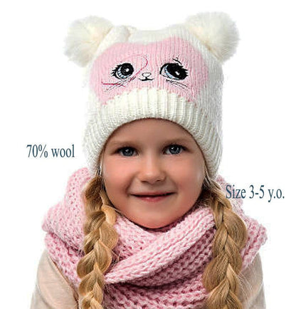 GIRLS HAT and Scarf with Cat Ears, Cat knitted Hat, Pom Pom Hat, Girl Hat, Child Winter Set, Knitted Scarf, Pom Pom Beanie, Toddler Girl Hat