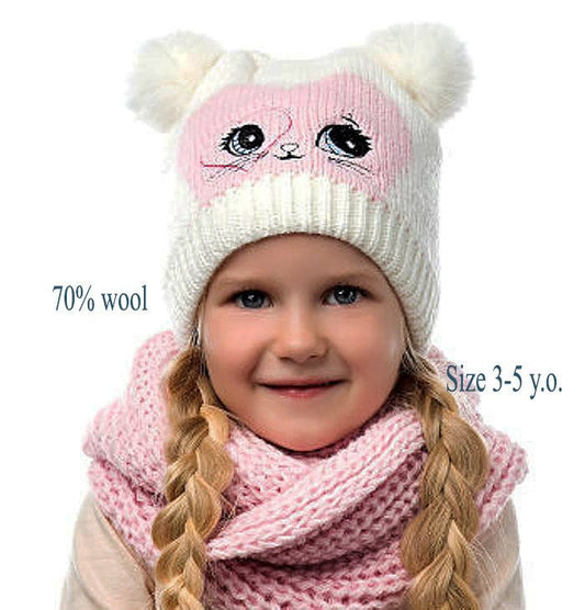 GIRLS HAT and Scarf with Cat Ears, Cat knitted Hat, Pom Pom Hat, Girl Hat, Child Winter Set, Knitted Scarf, Pom Pom Beanie, Toddler Girl Hat