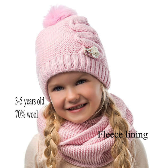 Crochet Girl Winter Hat and Scarf Set, Wool Blend Kids Beanie & Infinity Scarf, Faux Fur Pom Pom, Toddler 3-8 Gift
