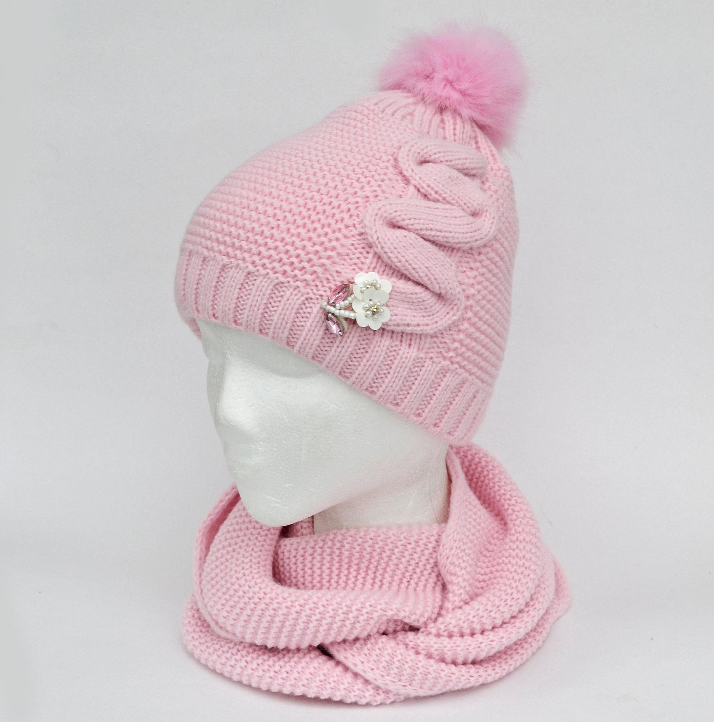 Crochet Girl Winter Hat and Scarf Set, Wool Blend Kids Beanie & Infinity Scarf, Faux Fur Pom Pom, Toddler 3-8 Gift