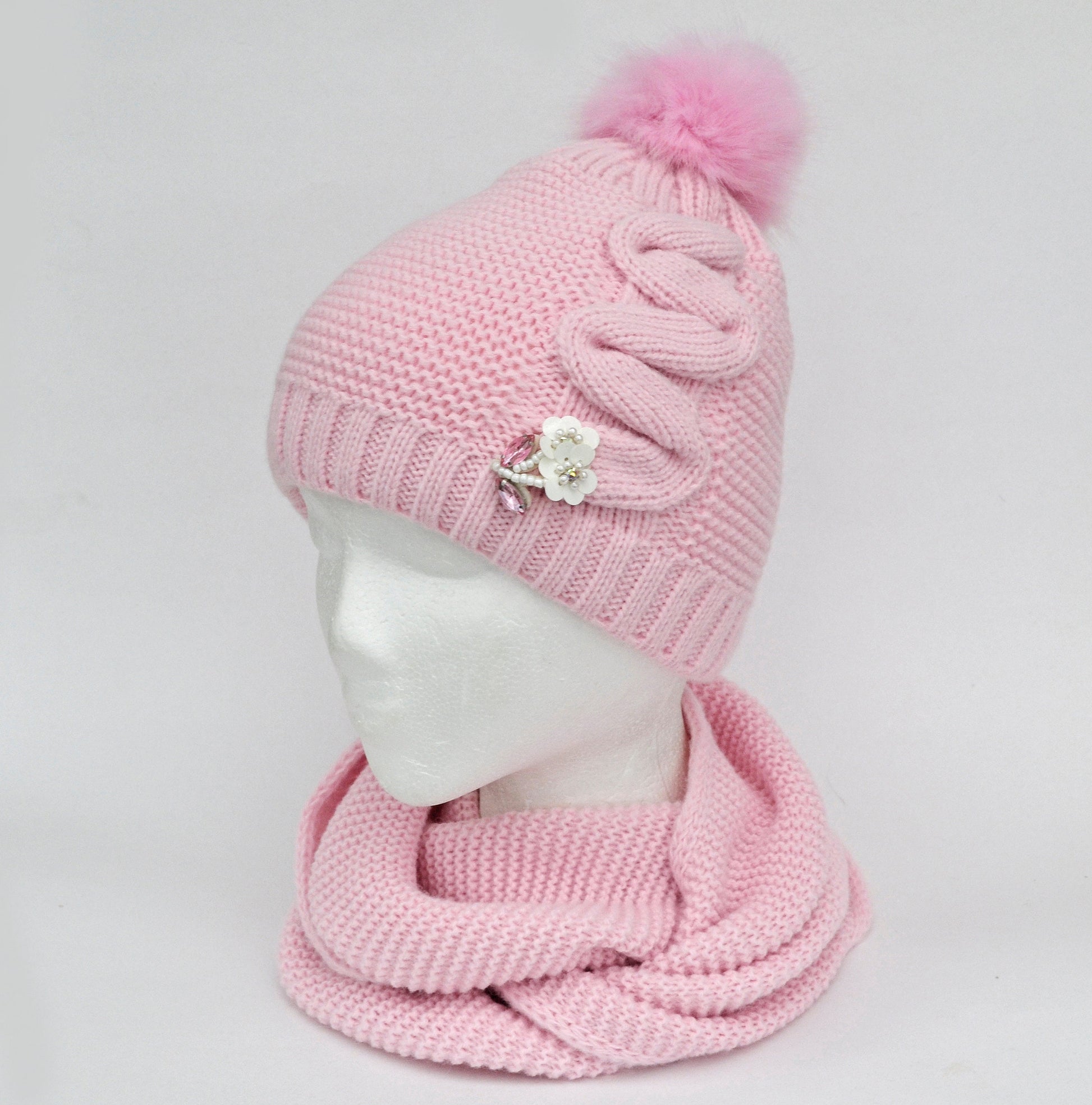 Crochet Girl Winter Hat and Scarf Set, Wool Blend Kids Beanie & Infinity Scarf, Faux Fur Pom Pom, Toddler 3-8 Gift