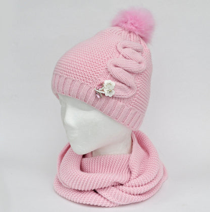 Crochet Girl Winter Hat and Scarf Set, Wool Blend Kids Beanie & Infinity Scarf, Faux Fur Pom Pom, Toddler 3-8 Gift