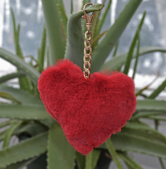 Red Rabbit Fur Heart Keychain: Bag Charm Key Ring