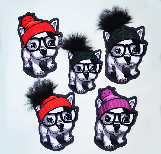 Extra Large Cute Dog Puppy Pug Soft Fabric Sewn On Patch Badge Applique Dog in Pom Pom Hat with Faux Fur Glasses Animal Patch