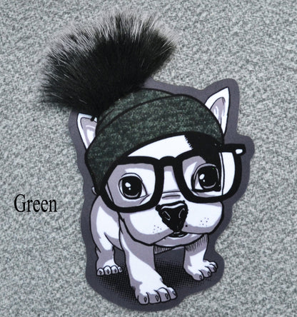 Extra Large Cute Dog Puppy Pug Soft Fabric Sewn On Patch Badge Applique Dog in Pom Pom Hat with Faux Fur Glasses Animal Patch