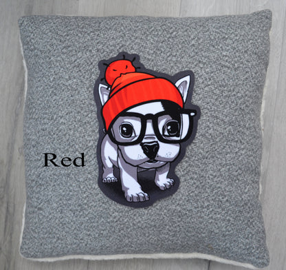 Extra Large Cute Dog Puppy Pug Soft Fabric Sewn On Patch Badge Applique Dog in Pom Pom Hat with Faux Fur Glasses Animal Patch