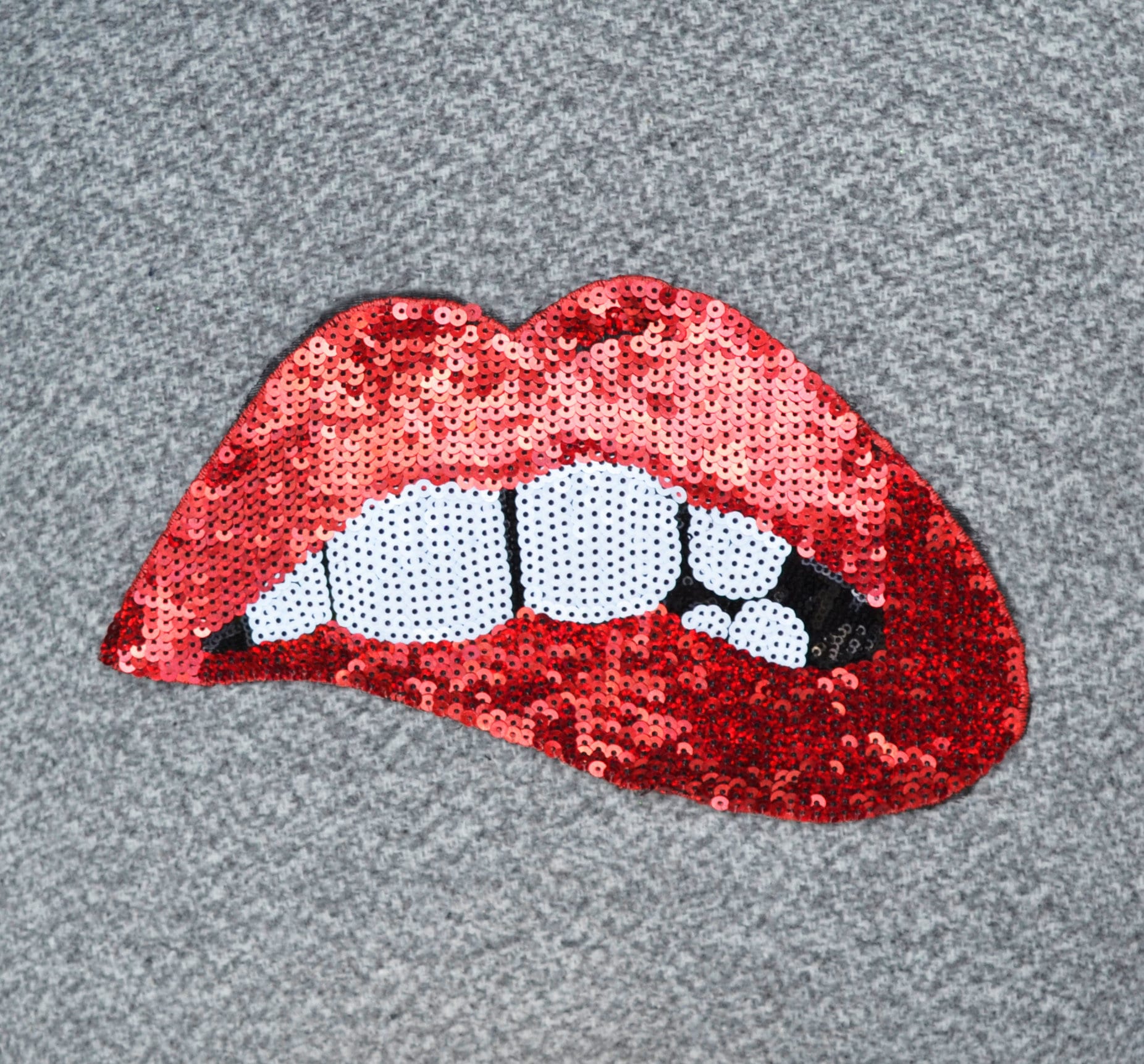 XL Sewn On Sequin Embroidery Red Pink Mouth Teeth Biting Lips Patch Badge Mouth with Lipstick Bite Red Lips Applique for denim jacket shirt