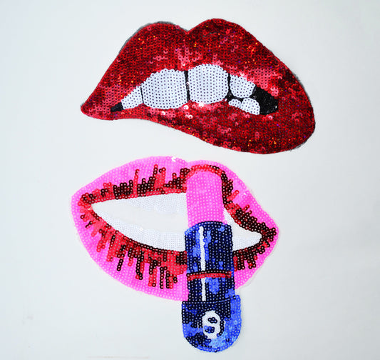XL Sewn On Sequin Embroidery Red Pink Mouth Teeth Biting Lips Patch Badge Mouth with Lipstick Bite Red Lips Applique for denim jacket shirt