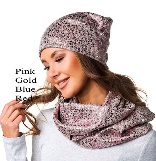 GIRL WOMAN HAT and Infinity Scarf Set, Shiny Metallic Hat, Woman Beanie, Beanie Hat, Girl Slouchy Beanie, Knit Fabric Hat, Infinity Scarf
