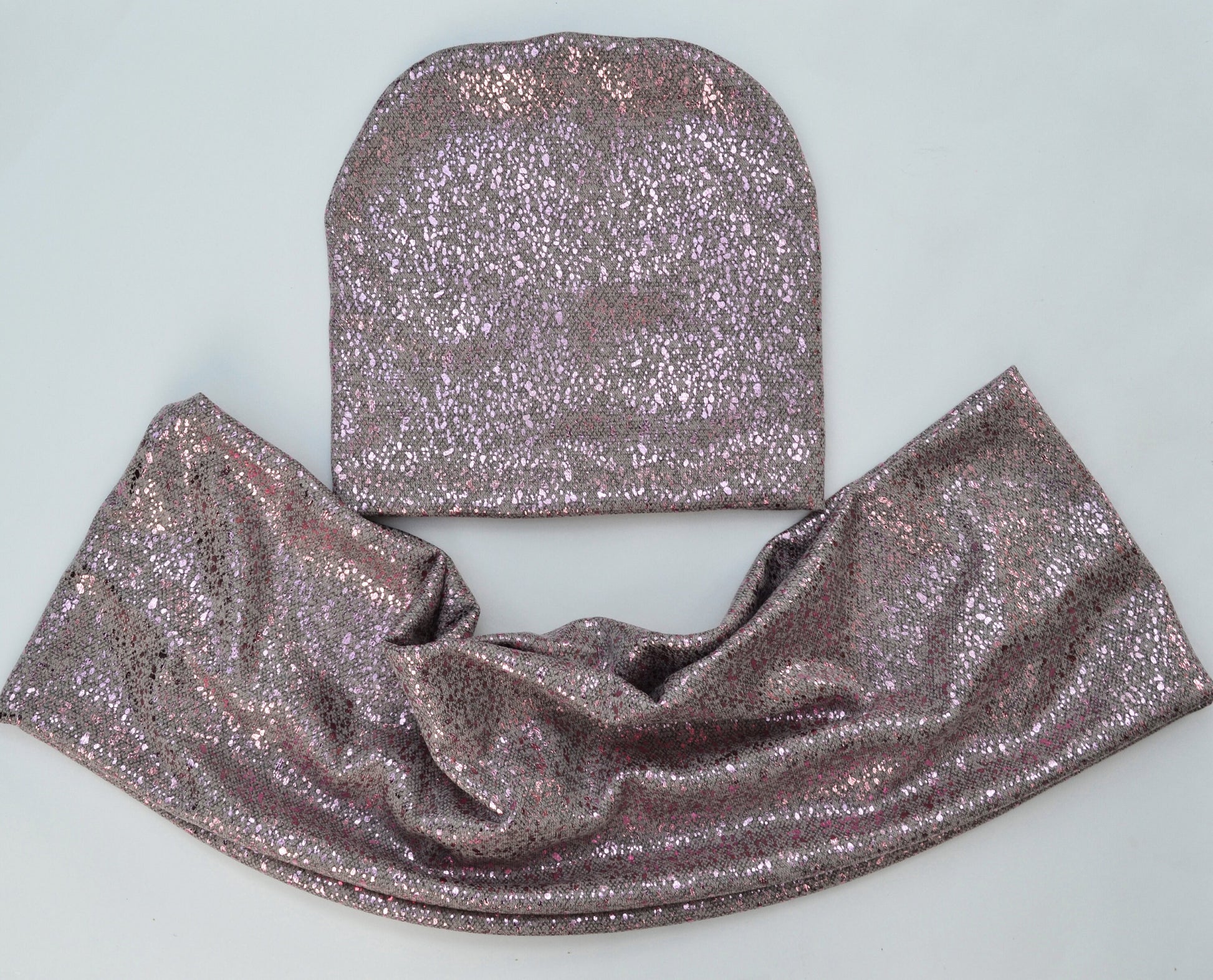 GIRL WOMAN HAT and Infinity Scarf Set, Shiny Metallic Hat, Woman Beanie, Beanie Hat, Girl Slouchy Beanie, Knit Fabric Hat, Infinity Scarf