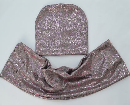 GIRL WOMAN HAT and Infinity Scarf Set, Shiny Metallic Hat, Woman Beanie, Beanie Hat, Girl Slouchy Beanie, Knit Fabric Hat, Infinity Scarf