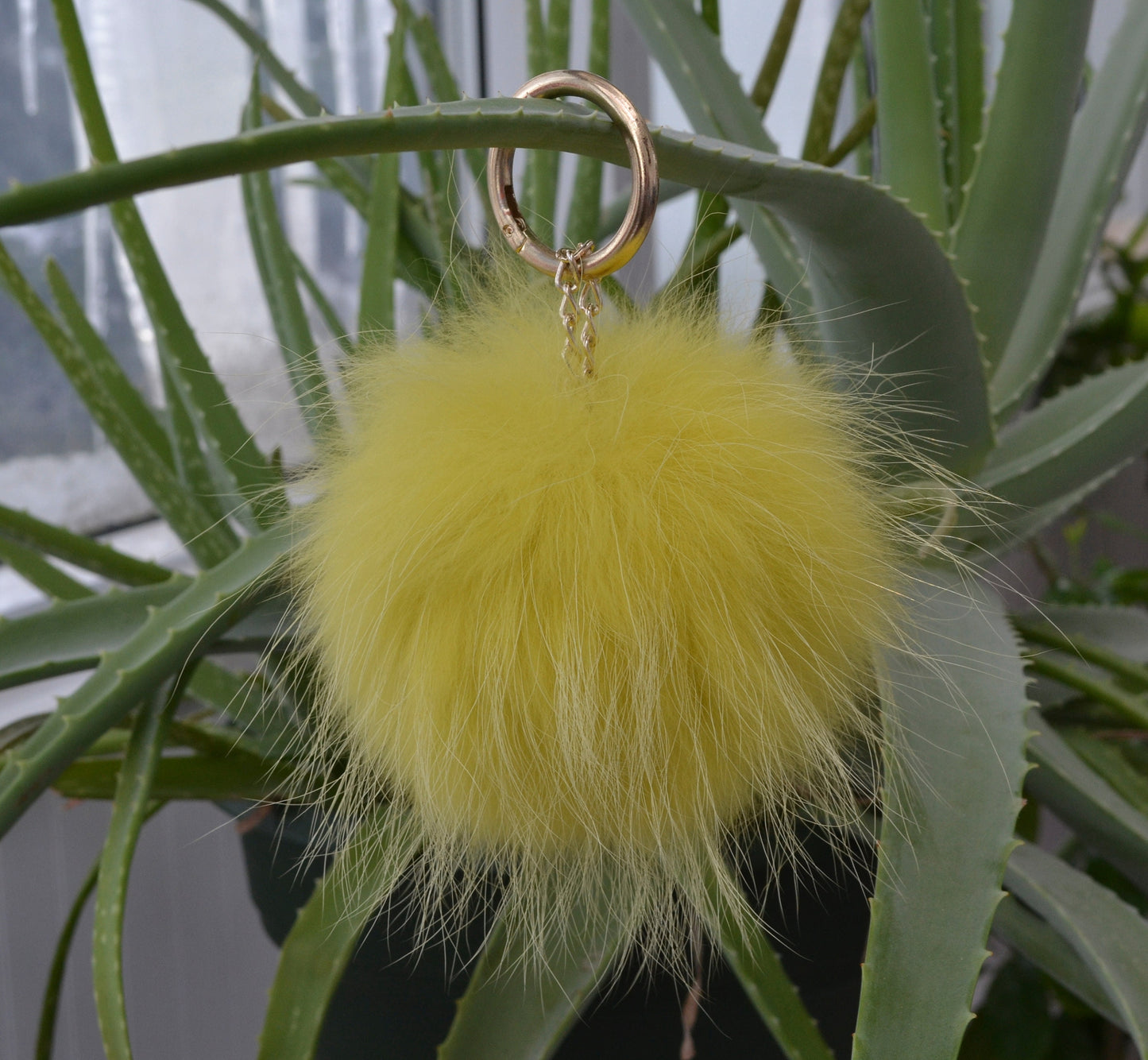 7" REAL FUR POM Pom Key chain, Large Raccoon Bag Charm, Key Chain Charm, Raccoon Fur Pom Pom, Yellow Fur Pom Pom, Fur Ball, Fur Keyring