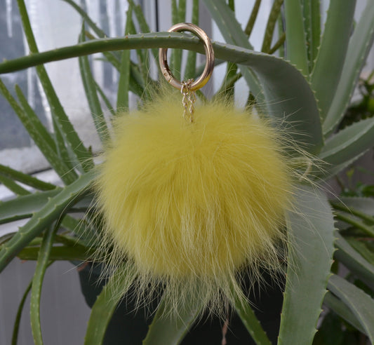 7" REAL FUR POM Pom Key chain, Large Raccoon Bag Charm, Key Chain Charm, Raccoon Fur Pom Pom, Yellow Fur Pom Pom, Fur Ball, Fur Keyring