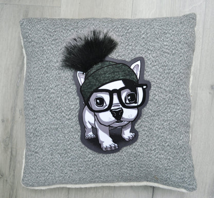 Extra Large Cute Dog Puppy Pug Soft Fabric Sewn On Patch Badge Applique Dog in Pom Pom Hat with Faux Fur Glasses Animal Patch