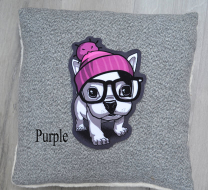 Extra Large Cute Dog Puppy Pug Soft Fabric Sewn On Patch Badge Applique Dog in Pom Pom Hat with Faux Fur Glasses Animal Patch