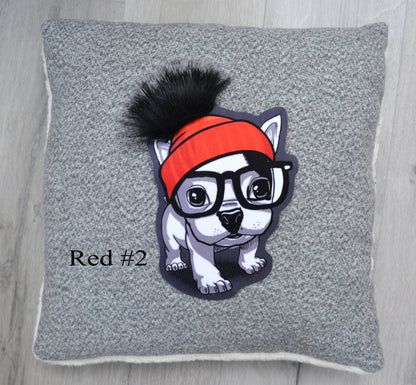 Extra Large Cute Dog Puppy Pug Soft Fabric Sewn On Patch Badge Applique Dog in Pom Pom Hat with Faux Fur Glasses Animal Patch