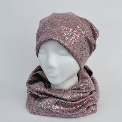 GIRL WOMAN HAT and Infinity Scarf Set, Shiny Metallic Hat, Woman Beanie, Beanie Hat, Girl Slouchy Beanie, Knit Fabric Hat, Infinity Scarf