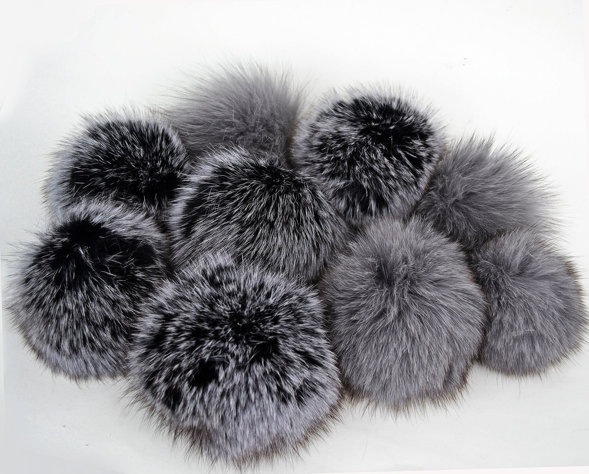 Black Double Fox Fur Pom Poms – genuine fox fur – image 1