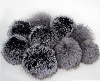 Black Double Fox Fur Pom Poms – genuine fox fur – image 1