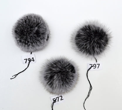 Black Double Fox Fur Pom Poms – genuine fox fur – image 2