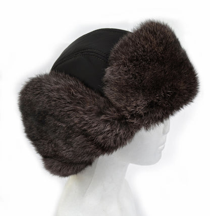 Russian Fur Hat – Rabbit Fur Ski Earflap Hat – Black with Brown Rabbit Fur – view 11
