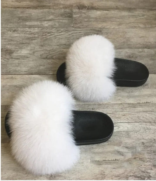 READY to SHIP size 10 White Real Fox Fur Slides Women Girl Leather Beach Large Finnish Fox Fur Sandals Summer Slippers Fashion Fluffy Shoes