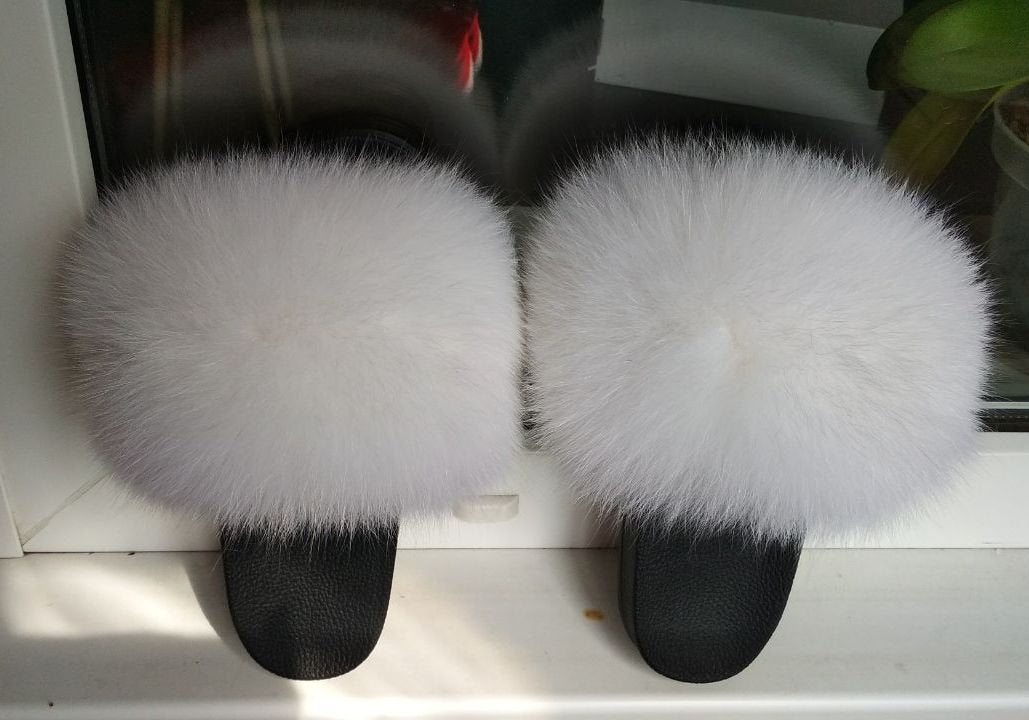 READY to SHIP size 10 White Real Fox Fur Slides Women Girl Leather Beach Large Finnish Fox Fur Sandals Summer Slippers Fashion Fluffy Shoes