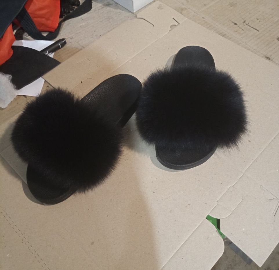 READY to SHIP, size 9 Black Real Fox Fur Slippers Women Girl Beach Large Finnish Fox Fur Sandals Summer Slides Fashion Fluffy Shoes Flops