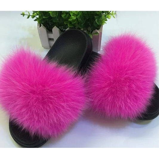 BY ORDER Hot Pink Real Fox Fur Slides Women Girl Leather Beach Large Finnish Fox Fur Sandals Summer Slippers Fashion Fluffy Shoes Flip Flop
