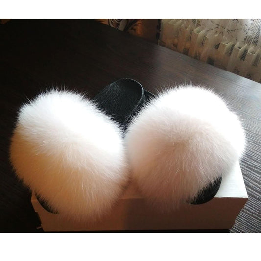 white fox fur slides