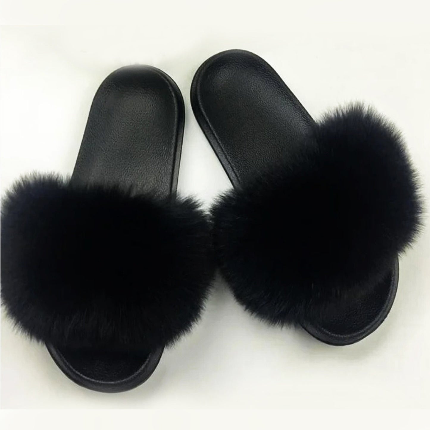 READY to SHIP, size 9 Black Real Fox Fur Slippers Women Girl Beach Large Finnish Fox Fur Sandals Summer Slides Fashion Fluffy Shoes Flops