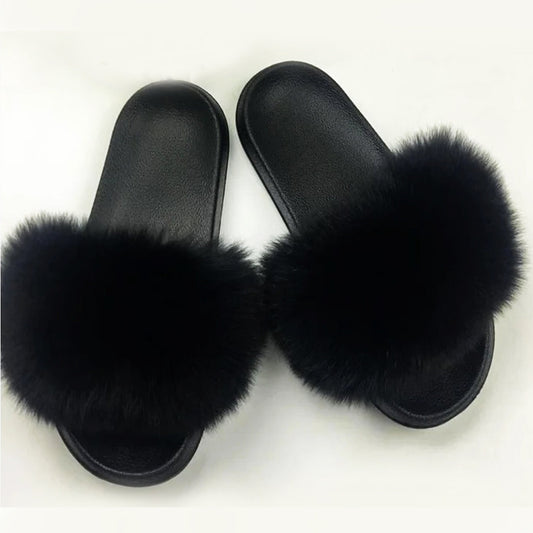 READY to SHIP, size 9 Black Real Fox Fur Slippers Women Girl Beach Large Finnish Fox Fur Sandals Summer Slides Fashion Fluffy Shoes Flops