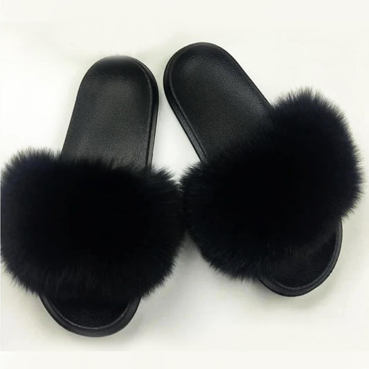 READY to SHIP, size 9 Black Real Fox Fur Slippers Women Girl Beach Large Finnish Fox Fur Sandals Summer Slides Fashion Fluffy Shoes Flops