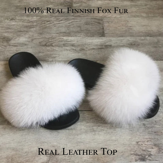 BY ORDER Real Fox Fur Slides Women Girl Genuine Leather Beach Large Finnish Fox Fur Sandals Summer Slippers Fashion Fluffy Shoes Flip Flops