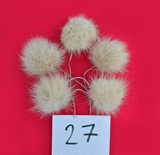 5pc Beige Mink Fur Pom Poms: 2.5" Charm Pendant Set