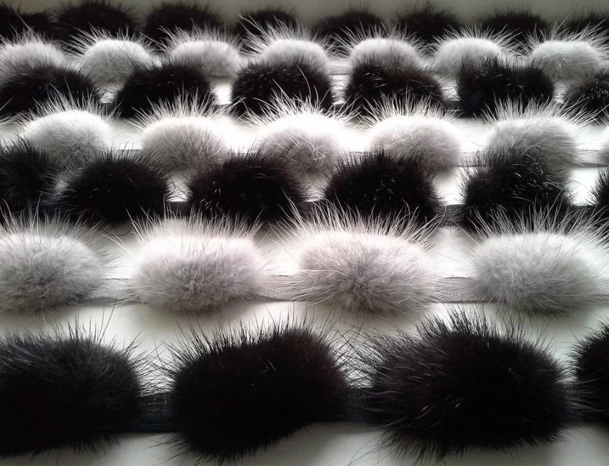 Black real mink fur pom pom trim for sewing – view 2