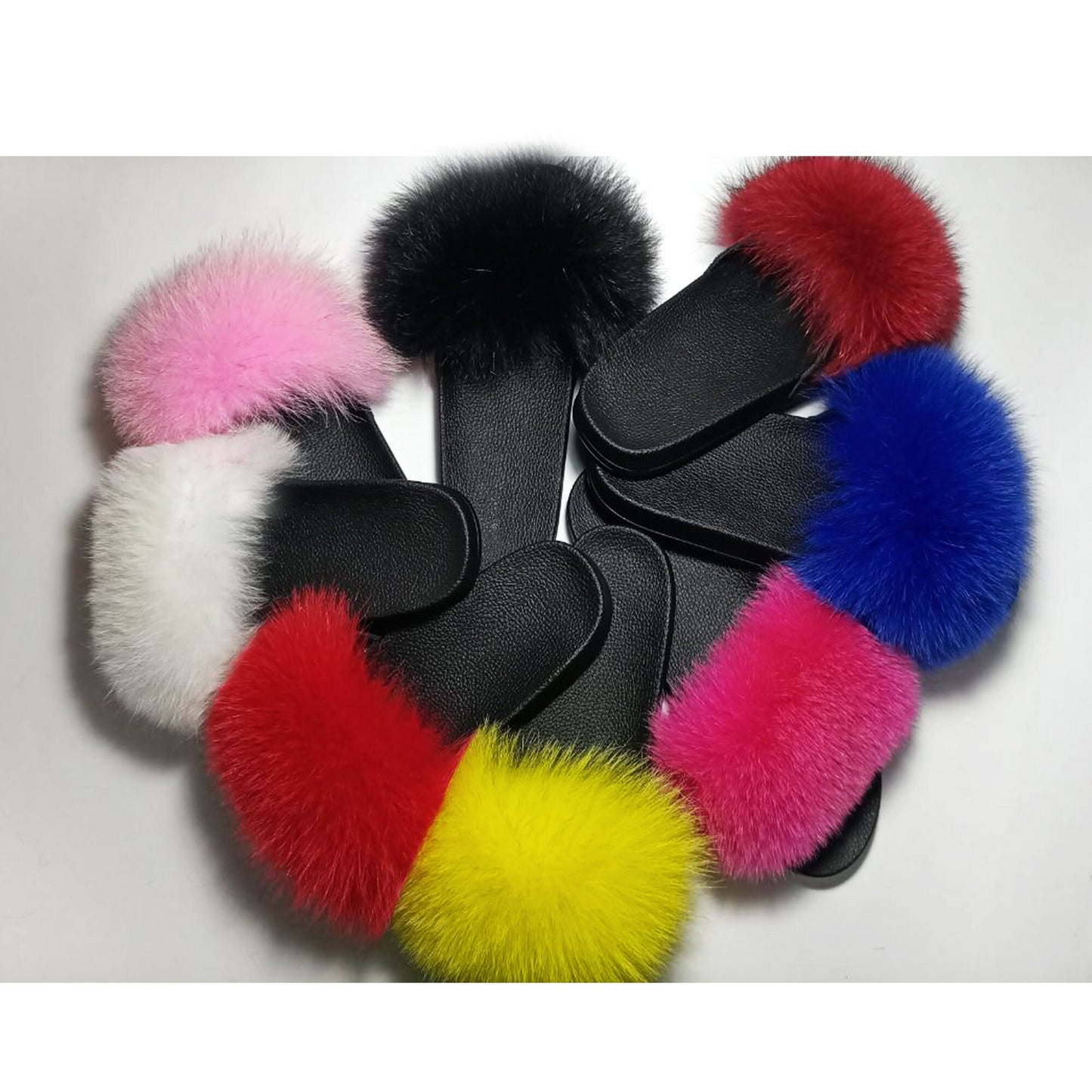 BY ORDER Real Fox Fur Slides Women Girl Genuine Leather Beach Large Finnish Fox Fur Sandals Summer Slippers Fashion Fluffy Shoes Flip Flops