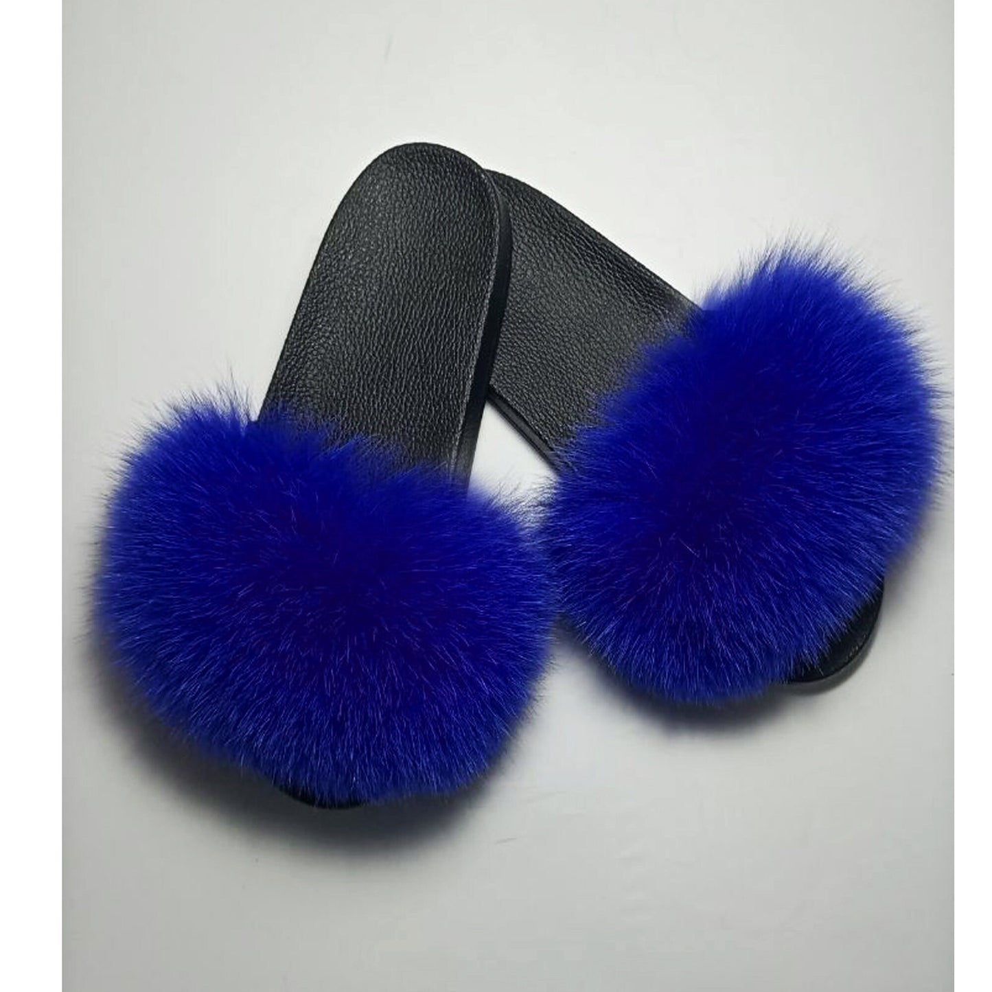 Royal Blue Fox Fur Slides, Suede Leather Slippers