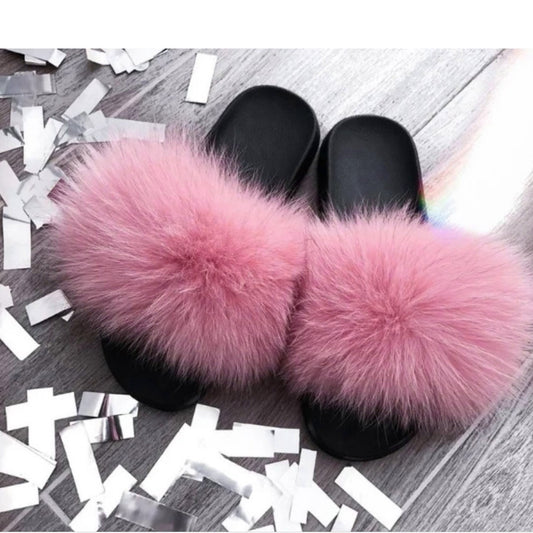 BY ORDER Pink Real Fox Fur Slides Leather Beach Large  Women Girl Natural Fur Sandals Summer Slippers Fashion Fluffy Shoes Flip Flop Natural