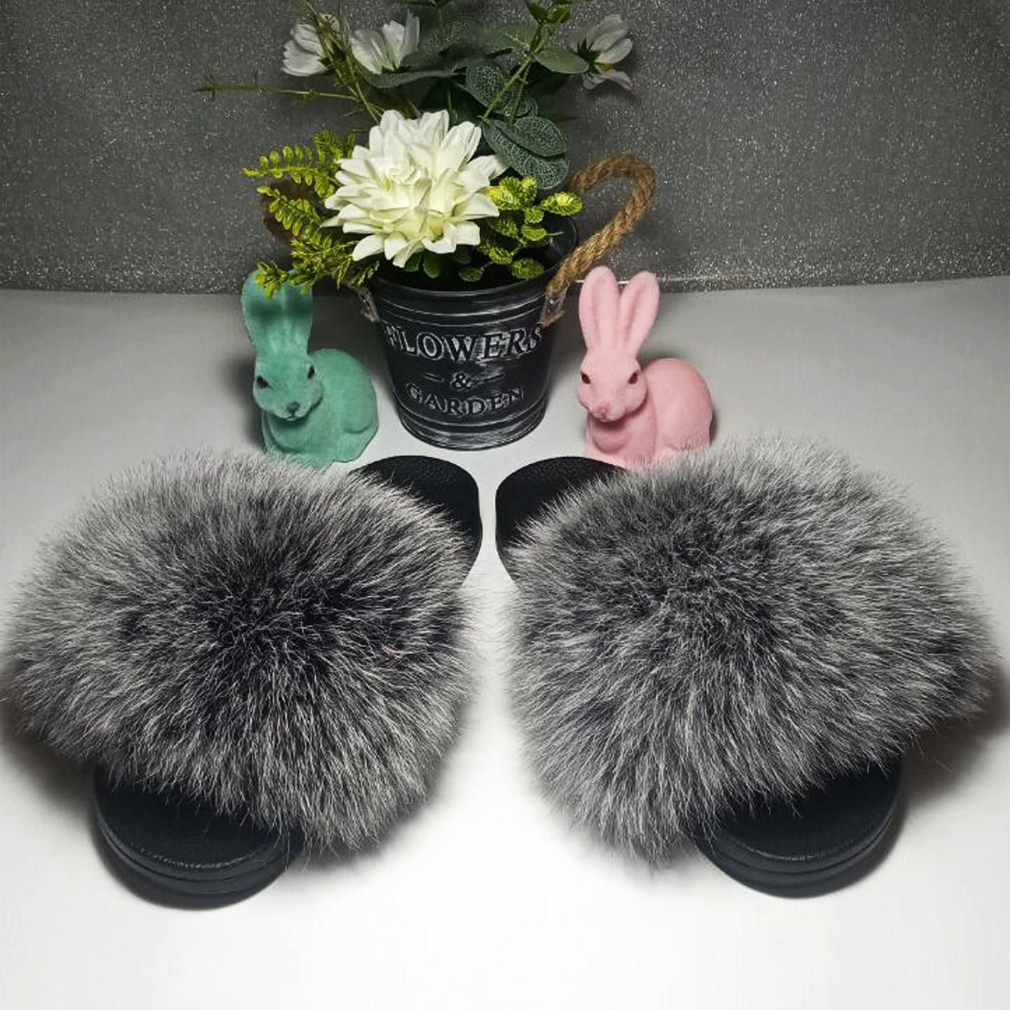 BY ORDER Silver Fox Fur Slippers Women Girl Beach Large Real Finnish Fox Fur Sandals Summer Slides Fashion Fluffy Shoes Flip Flops Leather