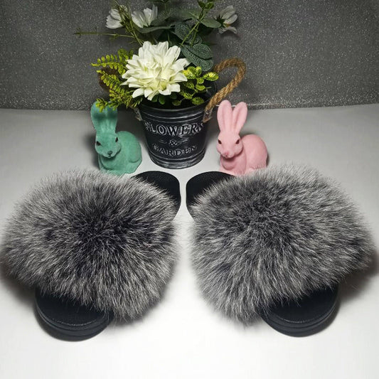 BY ORDER Silver Fox Fur Slippers Women Girl Beach Large Real Finnish Fox Fur Sandals Summer Slides Fashion Fluffy Shoes Flip Flops Leather