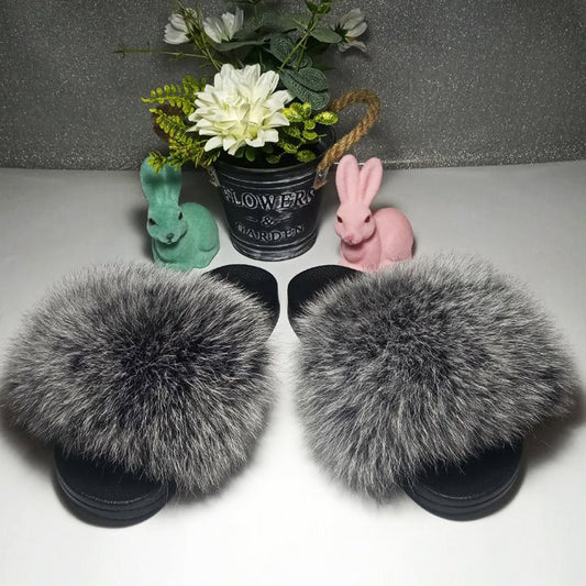 BY ORDER Silver Fox Fur Slippers Women Girl Beach Large Real Finnish Fox Fur Sandals Summer Slides Fashion Fluffy Shoes Flip Flops Leather