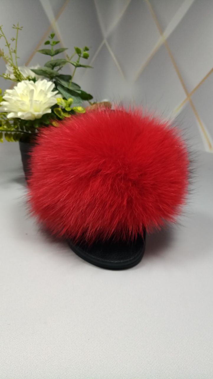 BY ORDER Red Real Fox Fur Sandals Women Girl Beach Large Finnish Fox Fur Slippers Summer Slides Fashion Fluffy Shoes Flip Flops Leather