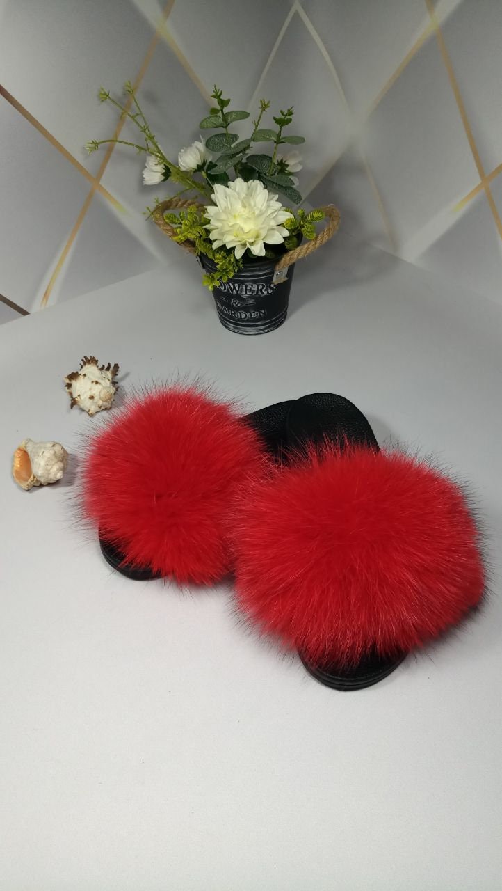 BY ORDER Red Real Fox Fur Sandals Women Girl Beach Large Finnish Fox Fur Slippers Summer Slides Fashion Fluffy Shoes Flip Flops Leather