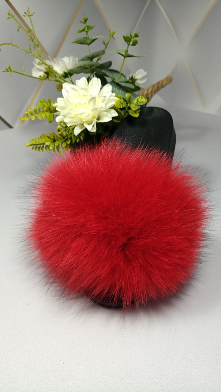 BY ORDER Red Real Fox Fur Sandals Women Girl Beach Large Finnish Fox Fur Slippers Summer Slides Fashion Fluffy Shoes Flip Flops Leather