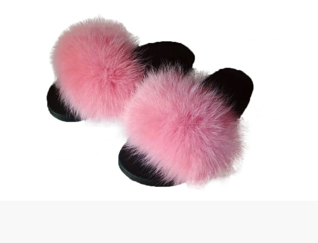 BY ORDER Pink Real Fox Fur Slides Leather Beach Large Women Girl Natural Fur Sandals Summer Slippers Fashion Fluffy Shoes Flip Flop Natural