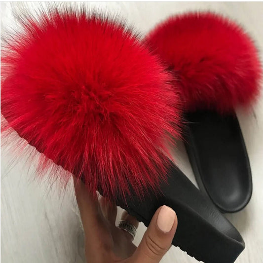 BY ORDER Red Real Fox Fur Sandals Women Girl Beach Large Finnish Fox Fur Slippers Summer Slides Fashion Fluffy Shoes Flip Flops Leather