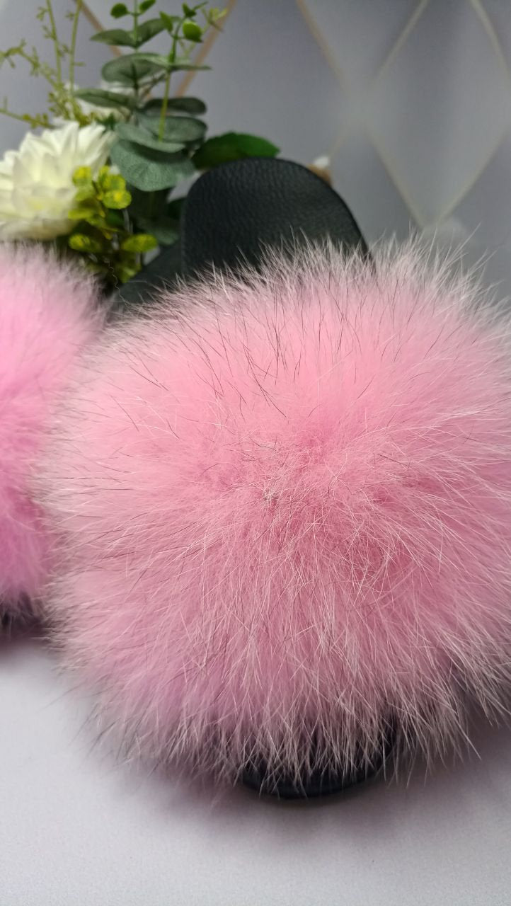 BY ORDER Pink Real Fox Fur Slides Leather Beach Large Women Girl Natural Fur Sandals Summer Slippers Fashion Fluffy Shoes Flip Flop Natural
