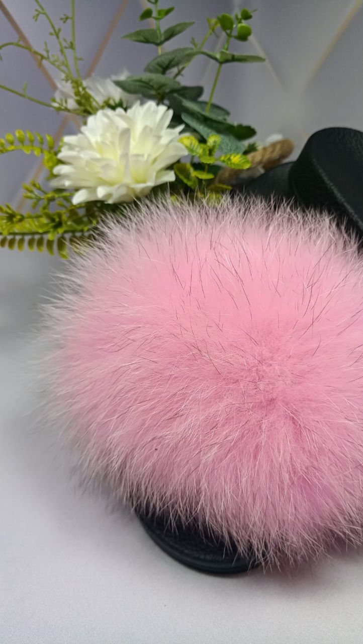 BY ORDER Pink Real Fox Fur Slides Leather Beach Large Women Girl Natural Fur Sandals Summer Slippers Fashion Fluffy Shoes Flip Flop Natural