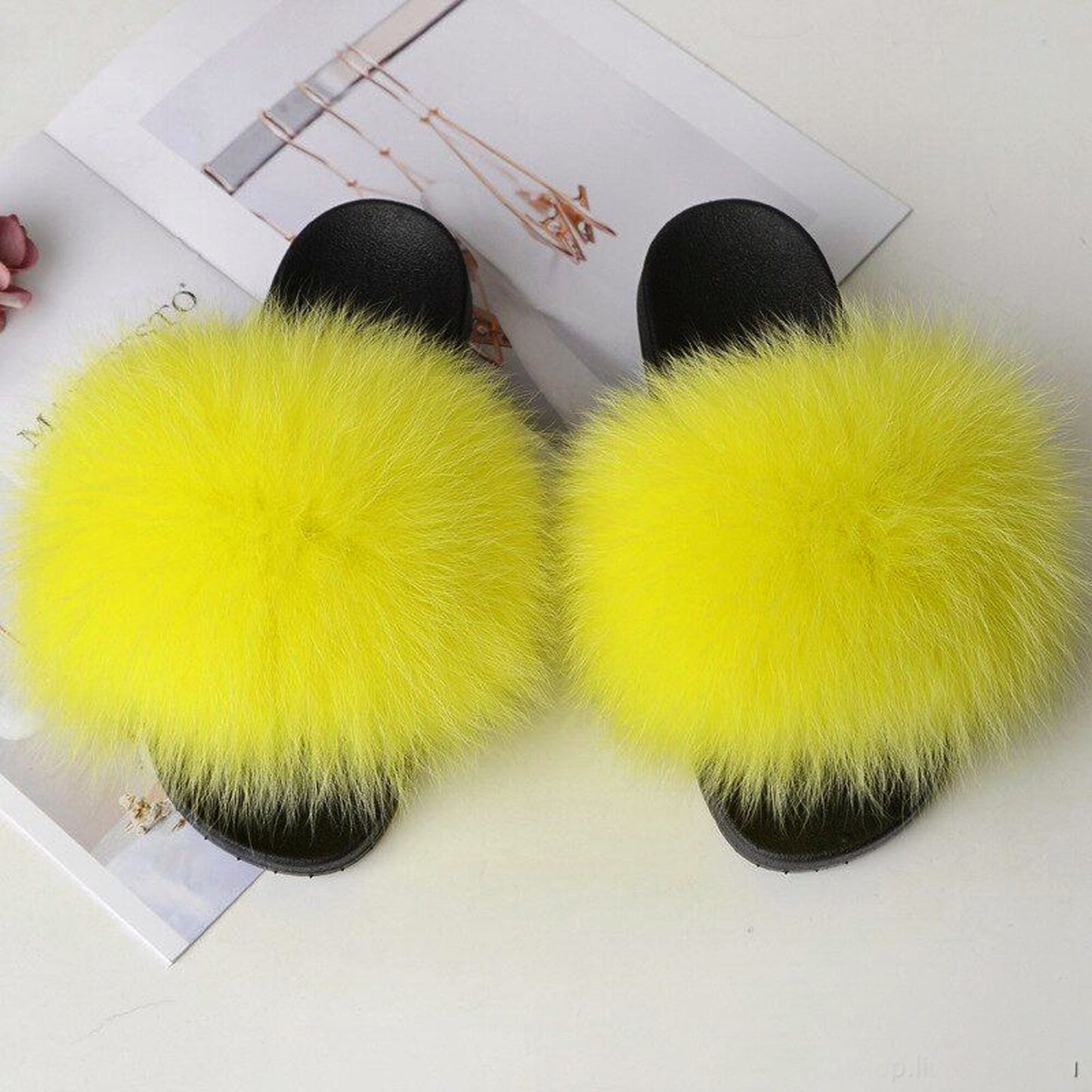 BY ORDER Real Fur Slippers, Fox Fur Slides, Pair of Premium Fox Fur Shoes, Fox Fur Sandals, Fluffy Fur Slides Sandals, Fur Slippers, Yellow